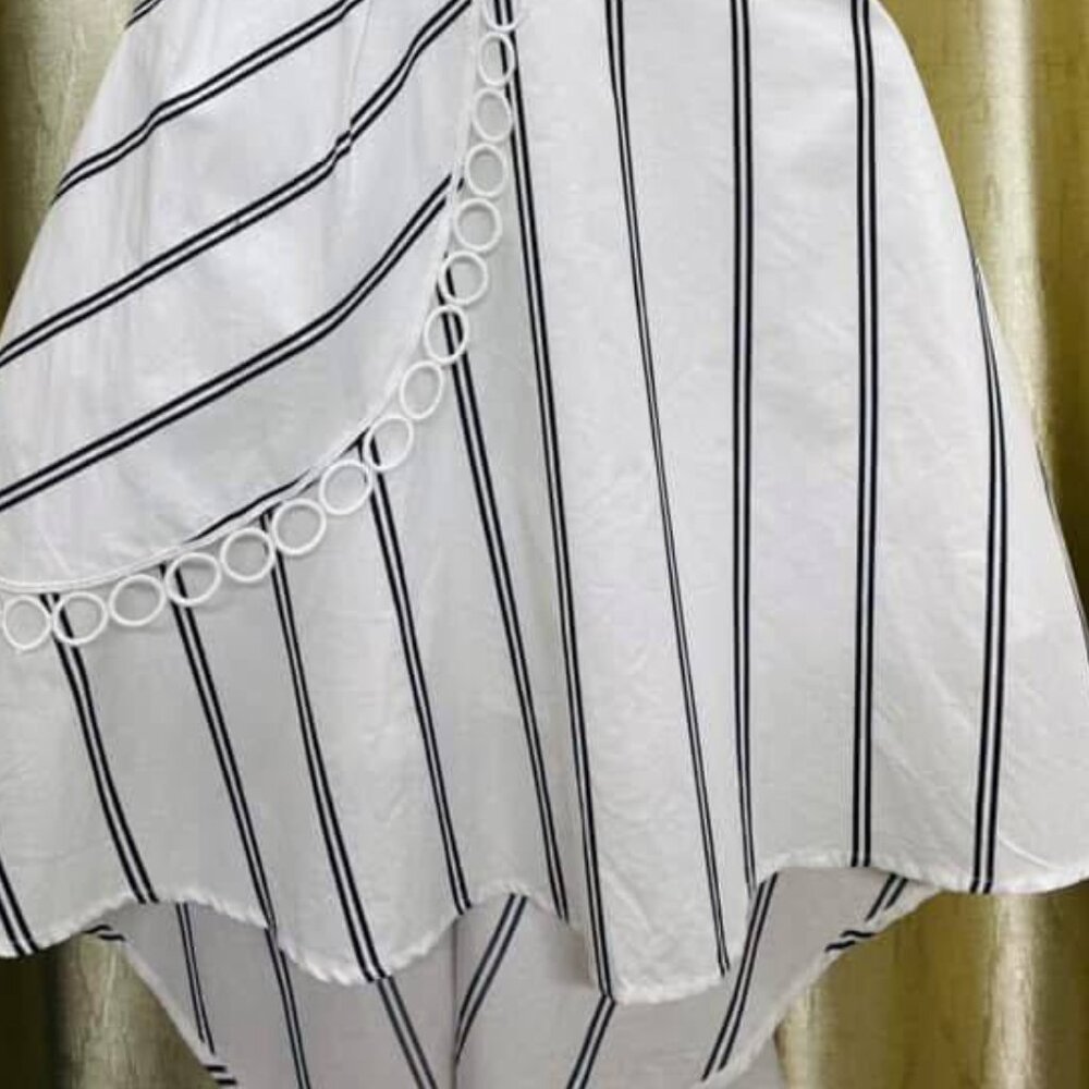 Vintage-Inspired White Striped Dress with Crochet Lace Straps & Asymmetrical Hem - Picture 4 of 4